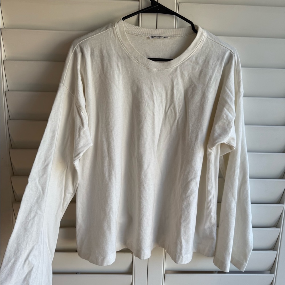 Reformation Classic Long Sleeve Tee in white flared out sleeve cotton